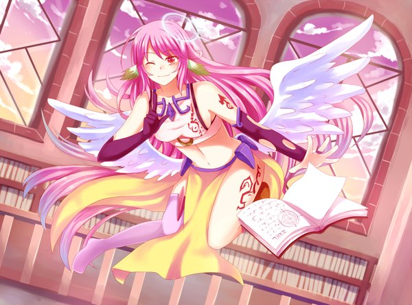 Anime picture 1500x1114 with no game no life madhouse jibril (no game no life) fuchsia91 single long hair blush smile red eyes pink hair sky cloud (clouds) bare belly midriff tattoo torn clothes angel wings low wings girl thighhighs