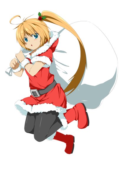 Anime picture 4093x5790 with original dodome-iro mayonnaise single long hair tall image highres blue eyes simple background blonde hair white background absurdres ahoge ponytail fur trim girl boots fur santa claus costume