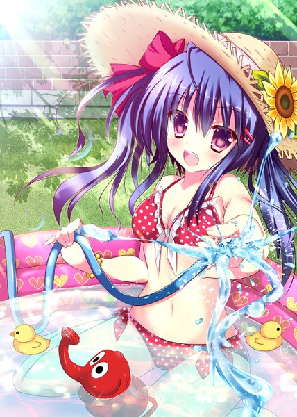Anime picture 1000x1403 with original rika-tan (rikatantan) long hair tall image looking at viewer blush open mouth light erotic purple eyes twintails blue hair teeth fang (fangs) girl bow swimsuit hair bow hat bikini straw hat