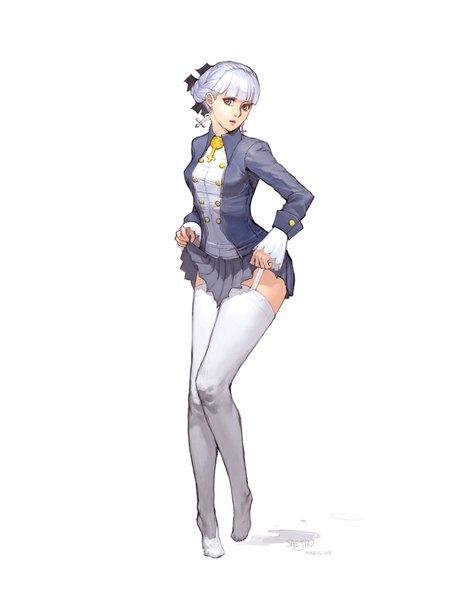 Anime picture 800x1067 with shadow hearts alice elliot saejin oh single tall image fringe short hair simple background standing white background brown eyes white hair head tilt pleated skirt looking back no shoes skirt lift girl thighhighs skirt