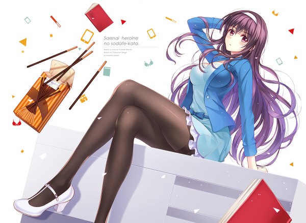Anime picture 2500x1831 with saenai heroine no sodatekata a-1 pictures kasumigaoka utaha ltt challenger single long hair looking at viewer blush highres black hair sitting purple eyes crossed legs revision girl dress pantyhose food hairband sweets