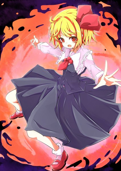 Anime picture 2507x3541 with touhou rumia baba (baba seimaijo) single tall image looking at viewer highres short hair open mouth blonde hair red eyes ahoge spread arms girl skirt bow hair bow skirt set