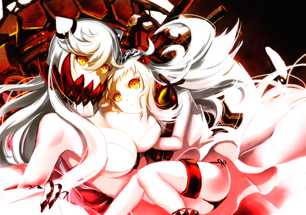 Anime picture 1000x706 with kantai collection northern ocean hime midway hime otona (13206117) breasts light erotic large breasts sitting multiple girls yellow eyes cleavage ahoge white hair horn (horns) pantyshot pantyshot sitting sitting on person white skin hand on another's head shinkaisei-kan