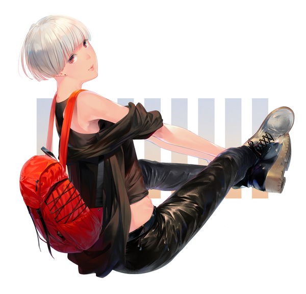 Anime picture 1200x1154 with original sousou (sousouworks) single looking at viewer blush fringe short hair simple background red eyes white background sitting bare shoulders silver hair full body bent knee (knees) blunt bangs looking back from behind off shoulder sleeveless