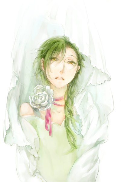 Anime picture 1000x1500 with original kannnonakanoyume single long hair tall image looking at viewer fringe open mouth simple background white background green eyes cleavage green hair wedding girl dress flower (flowers) choker white dress collar