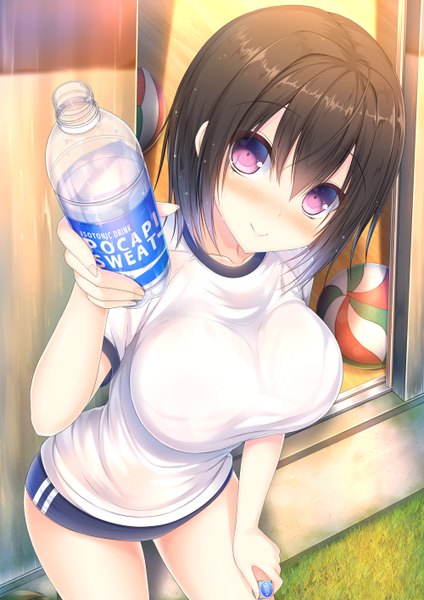 Anime picture 1000x1414 with original pocari sweat taiki ken single tall image looking at viewer blush short hair breasts light erotic black hair smile large breasts purple eyes girl uniform gym uniform water bottle