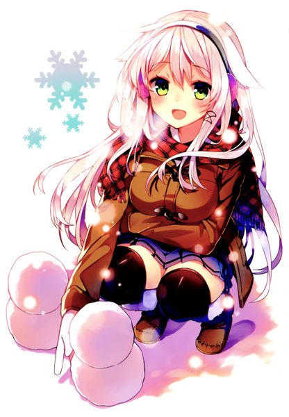 Anime picture 2425x3500 with original anceril sacred mishima kurone single long hair tall image looking at viewer blush highres open mouth green eyes white hair pleated skirt scan snow squat exhalation girl thighhighs skirt
