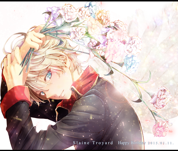 Anime picture 1000x851 with aldnoah.zero a-1 pictures slaine troyard r u n a single short hair blue eyes blonde hair white background looking away inscription arms up character names happy birthday boy uniform flower (flowers) military uniform bouquet