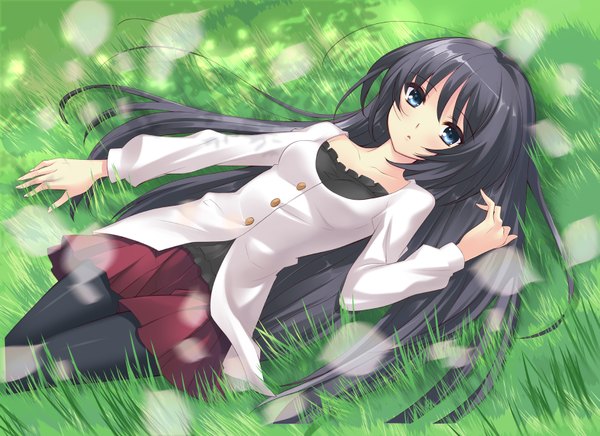Anime picture 1651x1200 with flyable heart shirasagi mayuri blue eyes black hair lying girl miniskirt pantyhose