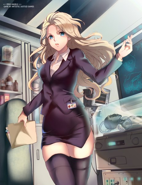 Anime picture 1400x1812 with zero angels agent 002 kagura kurosaki single long hair tall image blue eyes blonde hair parted lips copyright name office lady laboratory girl thighhighs skirt black thighhighs shirt white shirt pencil skirt