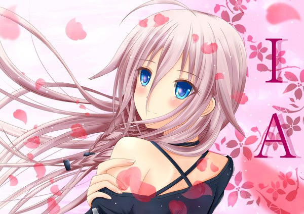 Anime picture 2184x1546 with vocaloid ia (vocaloid) shiawase iro long hair blush highres blue eyes bare shoulders pink hair ahoge braid (braids) looking back twin braids girl petals