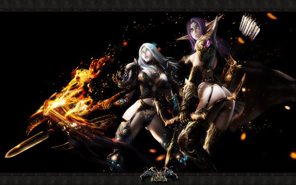 Anime picture 1600x1000 with world of warcraft blizzard entertainment blue eyes light erotic wide image multiple girls purple hair ass white hair looking back pointy ears elf girl weapon 2 girls armor fire huge weapon bow (weapon) arrow (arrows)
