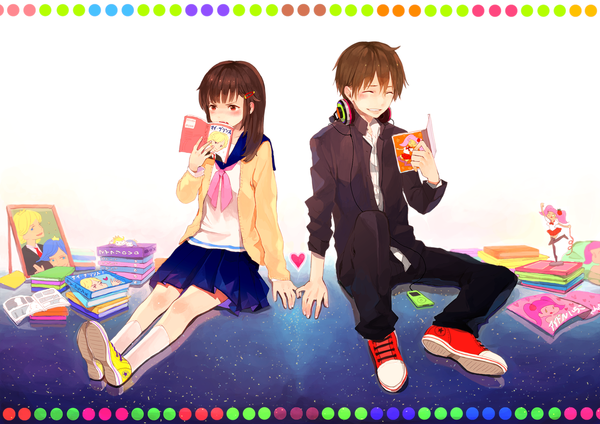 Anime picture 1554x1099 with original ipod sono (pixiv) blush short hair smile brown hair sitting brown eyes eyes closed girl boy uniform hair ornament school uniform socks heart hairclip headphones book (books)