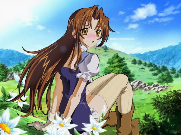 Anime picture 1600x1200 with kiddy grade gonzo eclair (kiddy grade) long hair blush sky cloud (clouds) from behind mountain landscape girl thighhighs dress gloves flower (flowers) plant (plants) choker boots grass