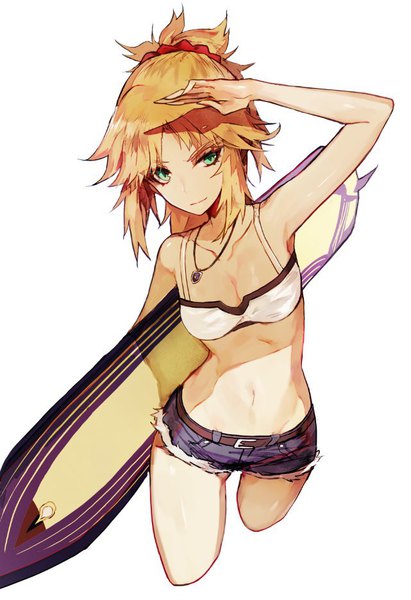 Anime picture 641x934 with fate (series) fate/grand order mordred (fate) mo (mocopo) single tall image short hair blonde hair simple background white background green eyes looking away cleavage ponytail arm up shadow girl shorts pendant short shorts