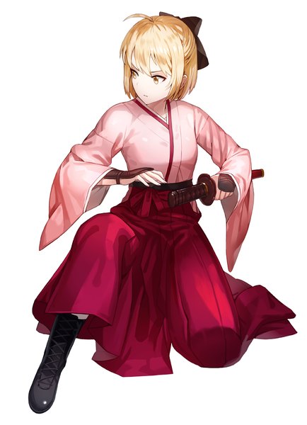 Anime picture 816x1128 with fate (series) okita souji (fate) (all) okita souji (koha-ace) kfr single tall image fringe short hair simple background blonde hair white background holding yellow eyes payot looking away ahoge traditional clothes japanese clothes looking back wide sleeves