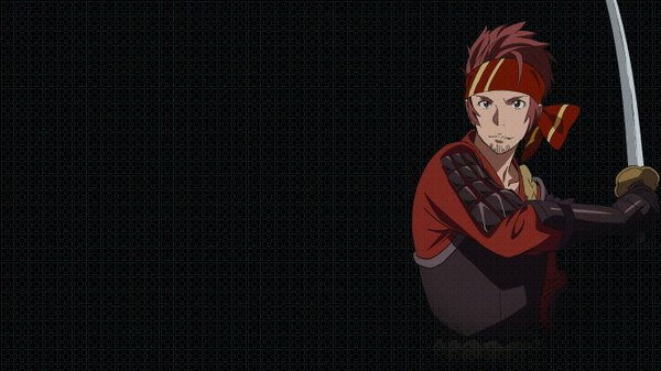 Anime picture 1366x768 with sword art online a-1 pictures ryoutarou tsuboi single short hair brown hair wide image brown eyes wallpaper black background boy weapon sword armor katana bandana