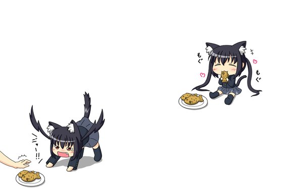 Anime picture 1920x1200 with k-on! kyoto animation nakano azusa highres black hair simple background wide image white background animal ears tail cat girl chibi girl serafuku food