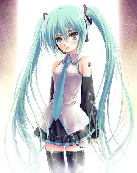 Anime picture 924x1170 with vocaloid hatsune miku norita single tall image blush open mouth blue eyes twintails very long hair aqua hair girl thighhighs skirt black thighhighs detached sleeves necktie headphones