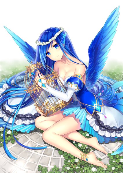 Anime picture 725x1024 with original kagachi saku single long hair tall image looking at viewer blush breasts blue eyes smile bare shoulders holding blue hair cleavage full body bent knee (knees) head tilt barefoot from above bare legs