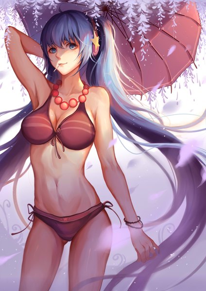 Anime picture 2480x3507 with vocaloid hatsune miku cr single tall image looking at viewer highres blue eyes light erotic twintails blue hair very long hair girl navel flower (flowers) swimsuit bikini petals headphones