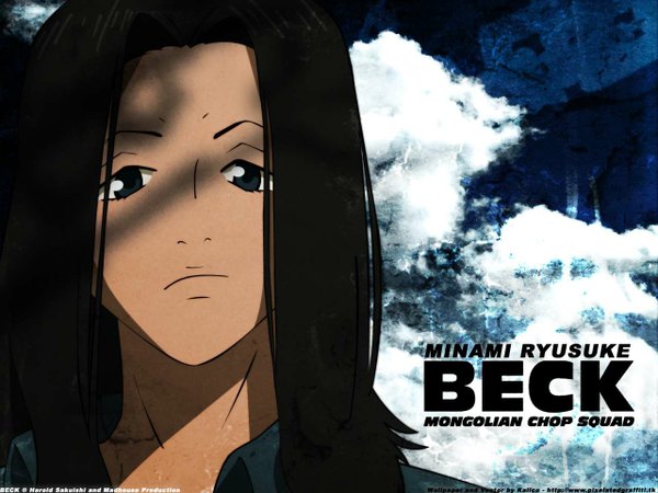 Anime picture 1280x960 with beck madhouse minami ryusuke single long hair looking at viewer black hair cloud (clouds) inscription grey eyes copyright name character names portrait dark hair boy shirt
