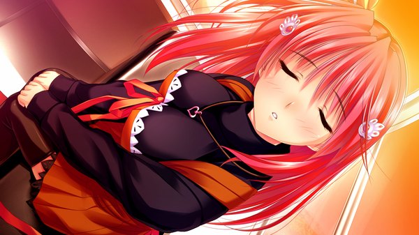 Anime picture 1280x720 with koi mekuri clover kohinata yuuka amasaka takashi single long hair blush wide image sitting game cg red hair eyes closed girl dress pendant