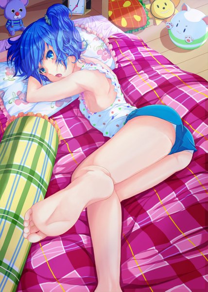 Anime picture 1000x1403 with aikatsu! kiriya aoi hopper single tall image looking at viewer short hair open mouth blue eyes light erotic blue hair barefoot bare legs legs girl shorts pillow bed