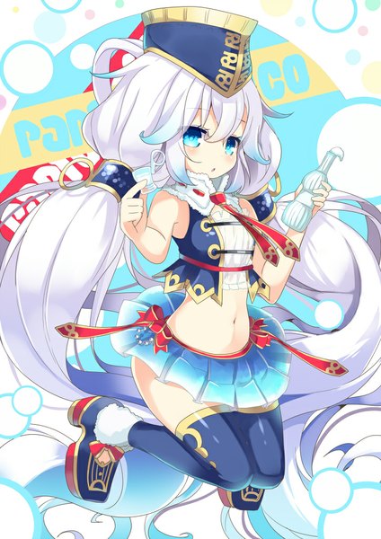 Anime picture 723x1023 with original papico (ice cream) papico nyori single tall image looking at viewer blush white hair very long hair aqua eyes bare belly jumping girl thighhighs skirt navel ribbon (ribbons) hat miniskirt