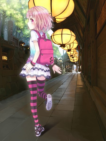 Anime picture 768x1024 with original umebositora single tall image blush fringe short hair pink hair pleated skirt pink eyes looking back from behind running girl thighhighs skirt shoes bracelet bag striped thighhighs