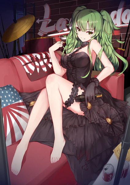 Anime picture 992x1403 with girls frontline m950a (girls frontline) liu lan single long hair tall image fringe breasts light erotic smile large breasts sitting twintails bare shoulders holding yellow eyes full body indoors barefoot green hair