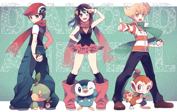 Anime picture 1417x900 with pokemon pokemon dppt nintendo dawn (pokemon) piplup turtwig chimchar lucas (pokemon) pearl (pokemon) gum (gmng) looking at viewer short hair open mouth black hair blonde hair brown eyes one eye closed wink multiple boys hand on hip