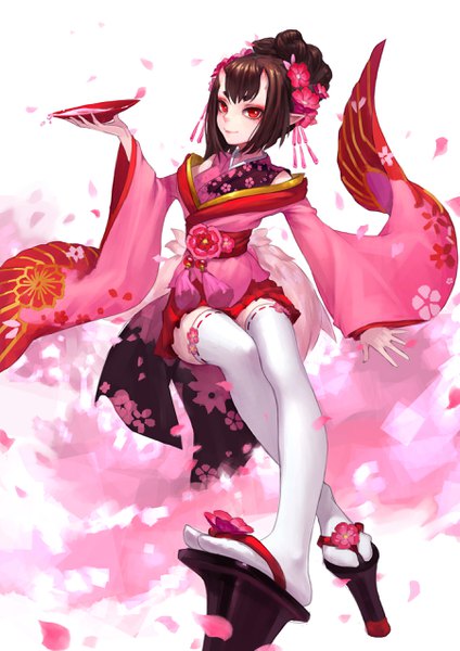 Anime picture 1800x2546 with onmyoji momo (onmyoji) fkey single tall image looking at viewer fringe highres short hair smile red eyes brown hair white background traditional clothes japanese clothes hair flower horn (horns) pointy ears wide sleeves zettai ryouiki