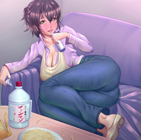 Anime picture 1199x1188 with majin bone shimatani kiyoko harihisa single looking at viewer blush short hair breasts open mouth light erotic black hair large breasts green eyes girl couch alcohol jeans plate sake blue jeans
