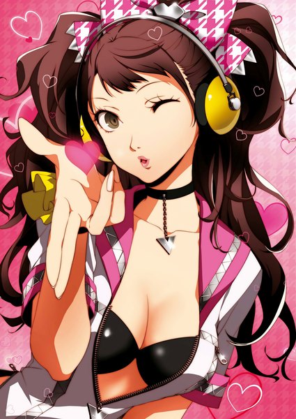 Anime picture 1255x1773 with persona 4 persona kujikawa rise single long hair tall image looking at viewer open mouth brown hair brown eyes one eye closed wink wavy hair blown kiss girl bow hair bow heart headphones bikini top