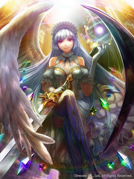 Anime picture 600x800 with gakou torigumi single tall image looking at viewer fringe breasts smile purple hair very long hair pink eyes magic hime cut asymmetrical wings girl dress gloves weapon wings elbow gloves frills