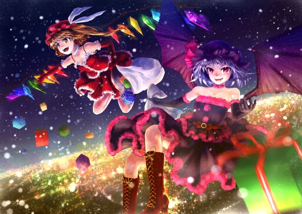 Anime picture 2121x1500 with touhou flandre scarlet remilia scarlet nora (le-chat-noir) highres short hair open mouth blonde hair red eyes multiple girls yellow eyes purple hair christmas city lights girl dress gloves 2 girls wings elbow gloves