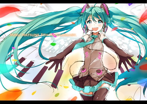 Anime picture 1352x964 with vocaloid hatsune miku senri gan single looking at viewer blush open mouth twintails very long hair aqua eyes aqua hair inscription spread arms girl thighhighs gloves black thighhighs black gloves elbow gloves headphones