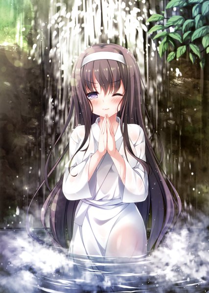 Anime picture 2489x3500 with original rinka (yuyutei) single tall image highres black hair purple eyes very long hair traditional clothes japanese clothes one eye closed scan official art girl water headband