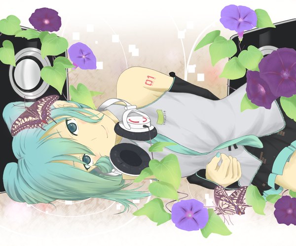 Anime picture 1000x833 with vocaloid hatsune miku nasu-nasu single long hair bare shoulders lying aqua eyes aqua hair girl skirt flower (flowers) detached sleeves miniskirt necktie headphones insect butterfly morning glory