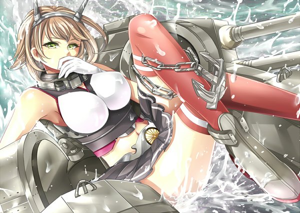 Anime picture 1181x838 with kantai collection mutsu battleship juurouta single looking at viewer short hair breasts light erotic blonde hair large breasts green eyes crossed legs hand on face girl skirt gloves navel hair ornament weapon miniskirt