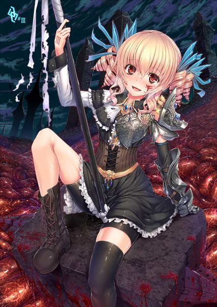 Anime picture 1000x1413 with original kantarou (nurumayutei) single tall image looking at viewer blush short hair open mouth blonde hair red eyes drill hair girl dress hair ornament weapon boots armor blood hammer