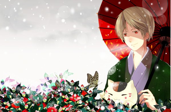 Anime picture 1375x900 with natsume yuujinchou brains base (studio) natsume takashi madara (nyanko-sensei) alto (pixiv) short hair blonde hair red eyes japanese clothes snowing exhalation boy plant (plants) animal insect butterfly umbrella cat