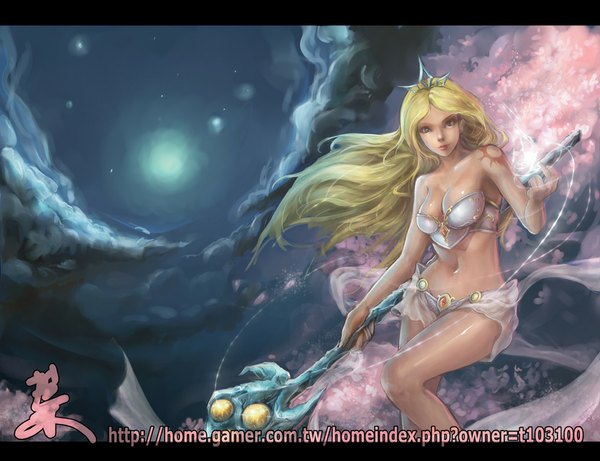 Anime picture 1040x800 with league of legends janna windforce foliage (artist) single long hair looking at viewer breasts light erotic blonde hair bare shoulders brown eyes lips bare belly tattoo legs girl staff tiara