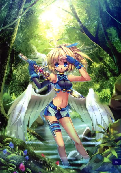 Anime picture 2545x3641 with capura lin single tall image highres blue eyes blonde hair midriff girl gloves navel plant (plants) sword wings tree (trees) shorts armor fingerless gloves forest