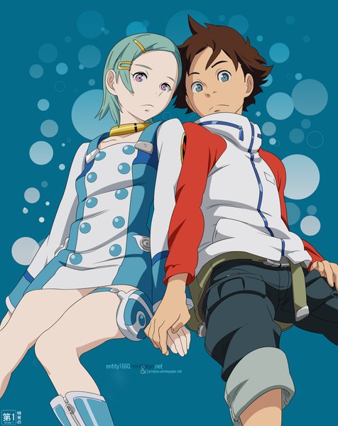 Anime picture 1830x2308 with eureka seven studio bones eureka renton thurston tall image highres short hair blue eyes brown hair sitting purple eyes aqua hair couple holding hands vector polka dot girl boy hair ornament hairclip