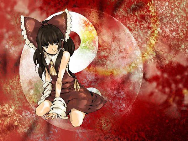 Anime picture 1600x1200 with touhou hakurei reimu long hair highres brown hair brown eyes wallpaper yin yang girl detached sleeves sarashi itsu