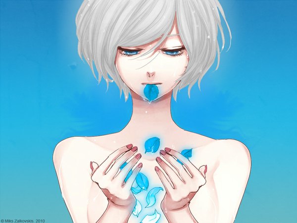 Anime picture 1024x768 with vocaloid meiko sagula single short hair blue eyes light erotic bare shoulders silver hair wet blue background girl petals
