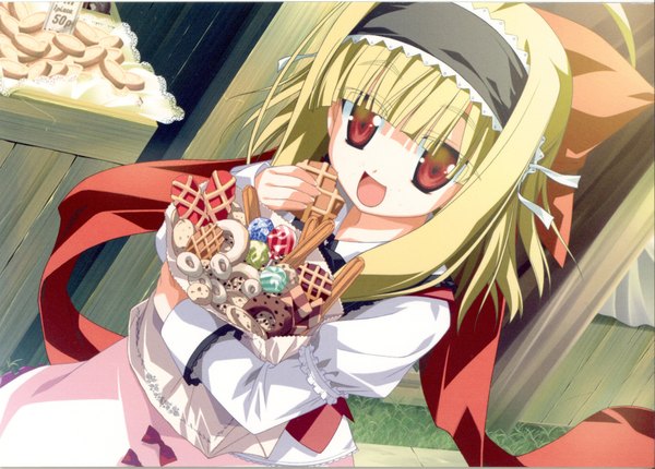 Anime picture 3567x2561 with wiz anniversary alice alicetel fernek long hair highres open mouth blonde hair red eyes eating girl bow hair bow food hairband sweets