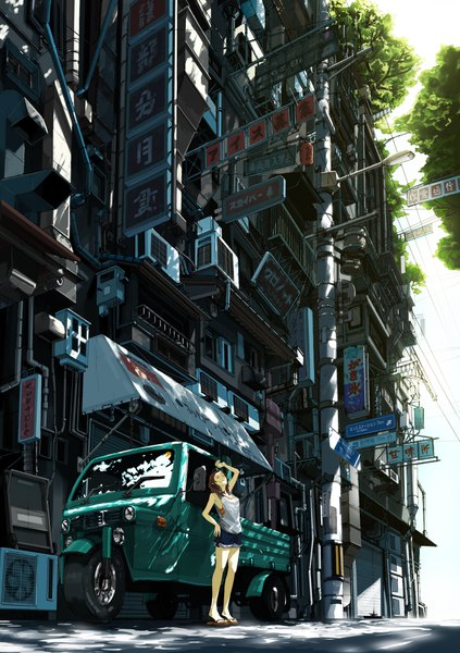 Anime picture 1440x2040 with original kuronokuro single tall image short hair smile brown hair eyes closed girl plant (plants) tree (trees) shorts building (buildings) ground vehicle sandals car sign truck pickup truck